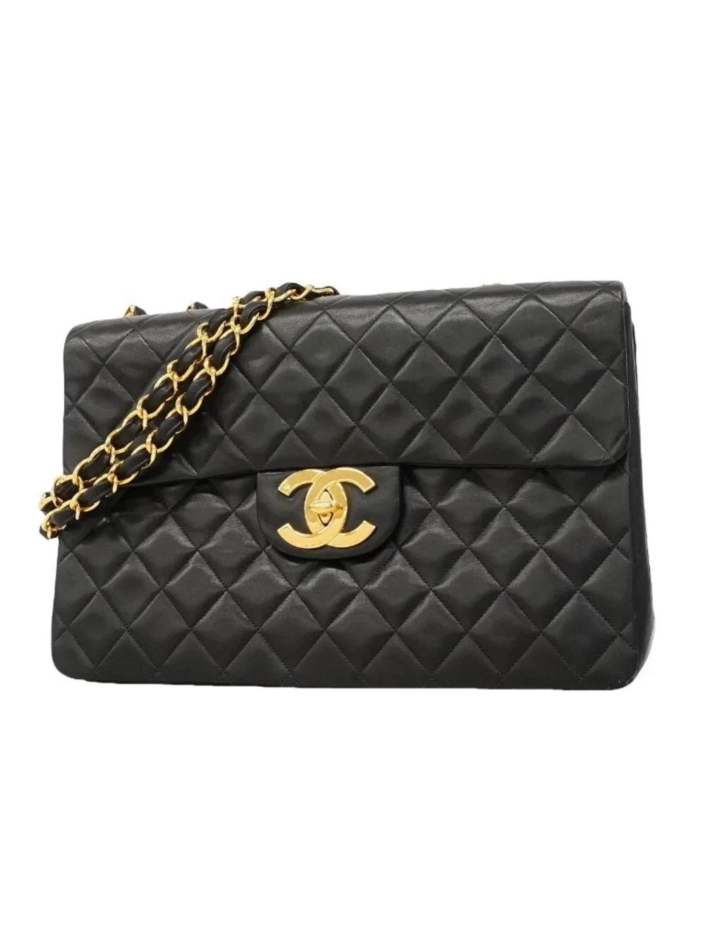 Chanel Shoulder Bag Maxi Quilted Lambskin Black Gold